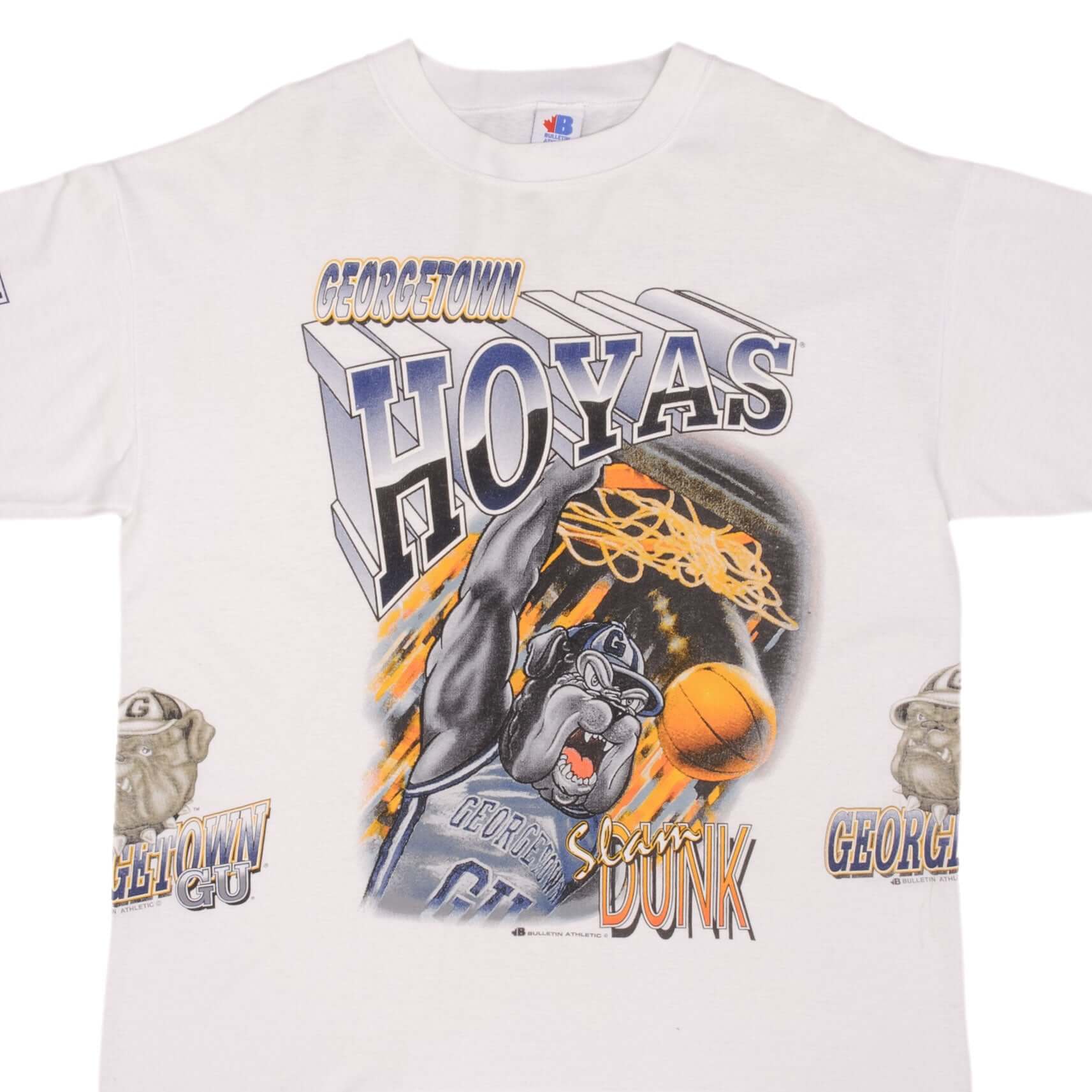 Vintage Ncaa Georgetown University Hoyas All Over Print Tee Shirt 1990S Size XL With Single Stitch Sleeves