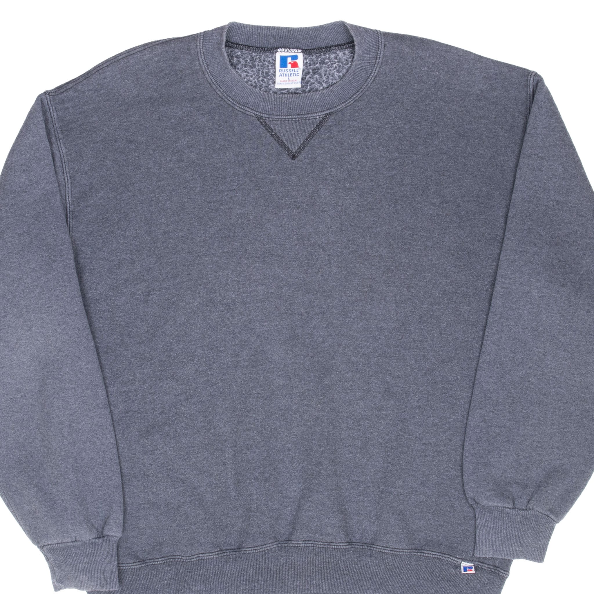 Front detail of dark grey Russell Athletic crewneck sweatshirt with V-stitched neck insert