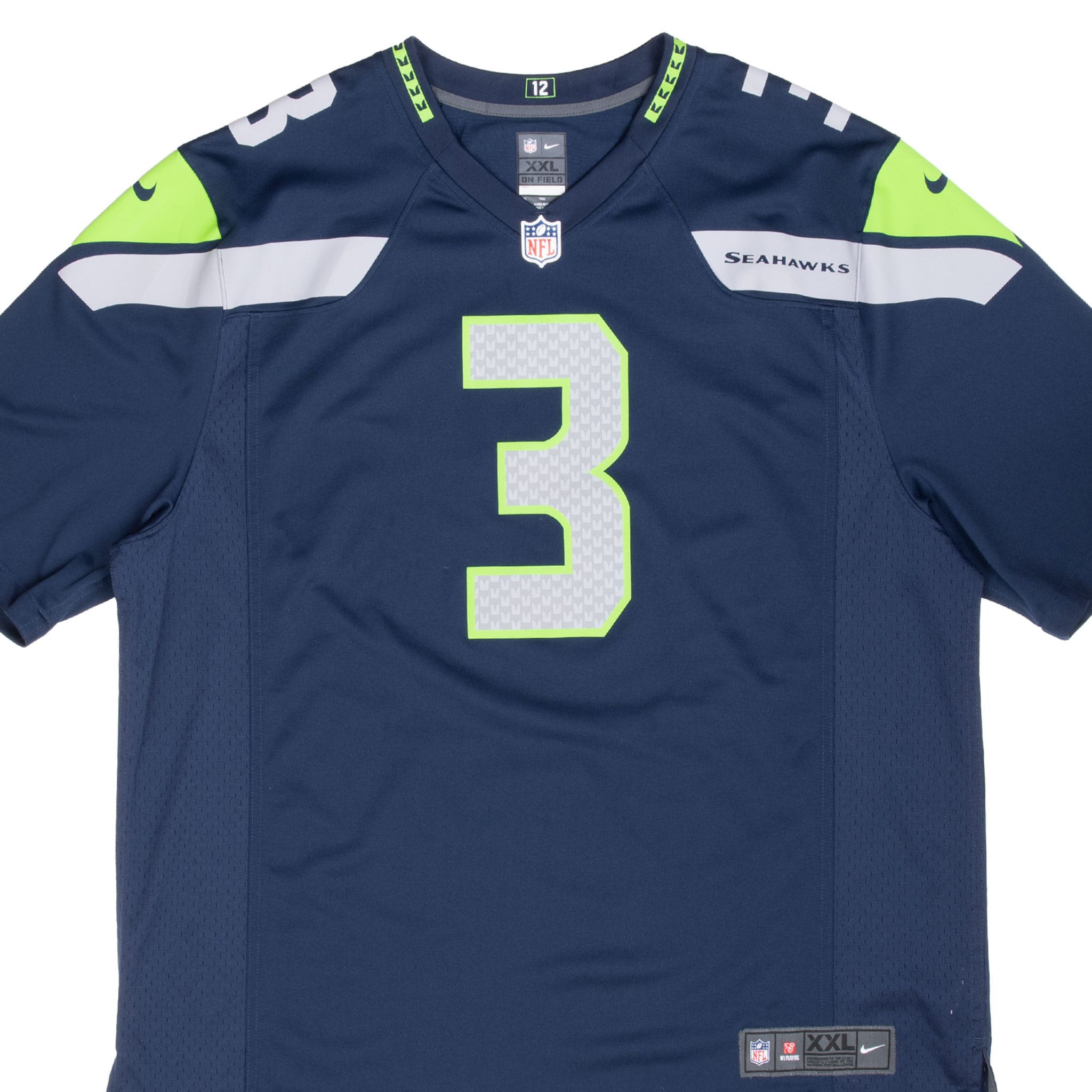 Front detail of navy Seattle Seahawks Russell Wilson Nike jersey with gray and green number 3