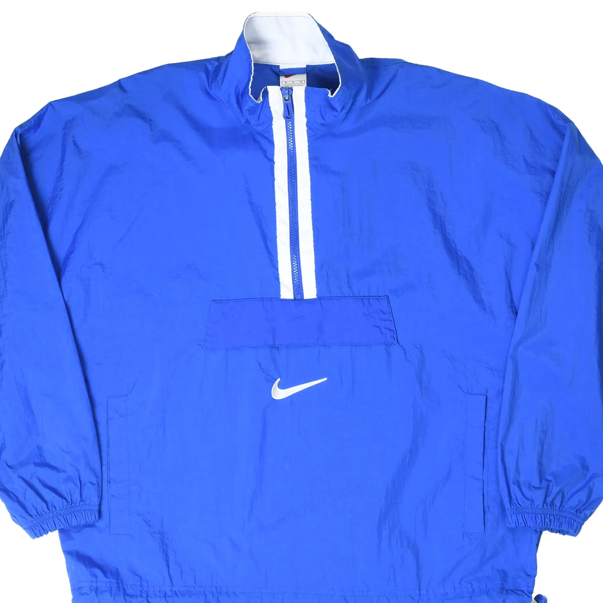 Front of blue Nike pullover windbreaker with white quarter zip and Swoosh pocket