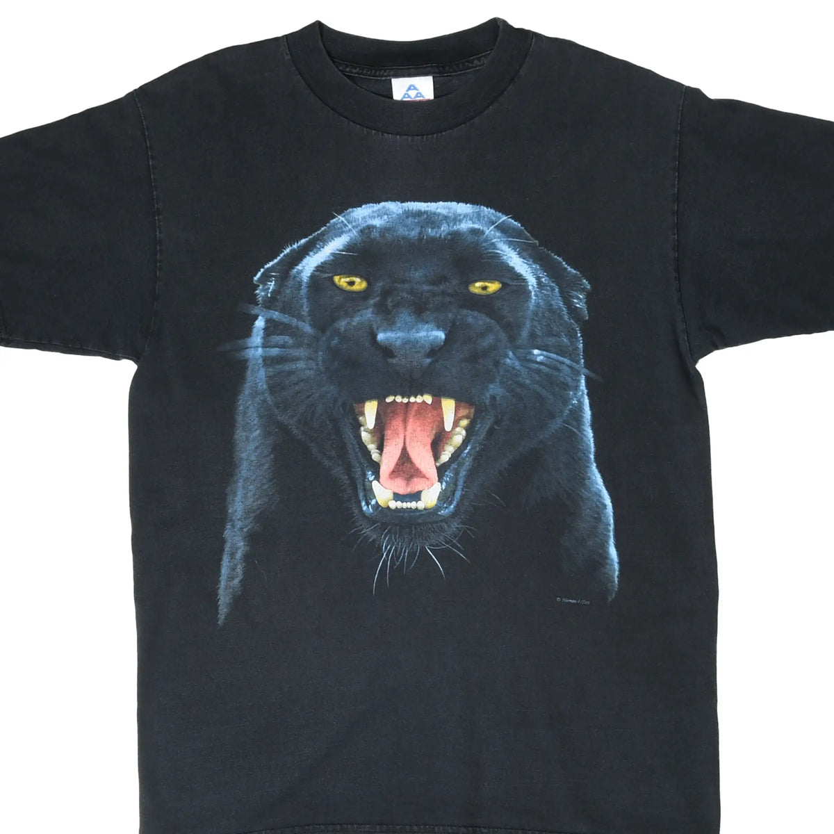 Front of black T-shirt with a large snarling black panther print