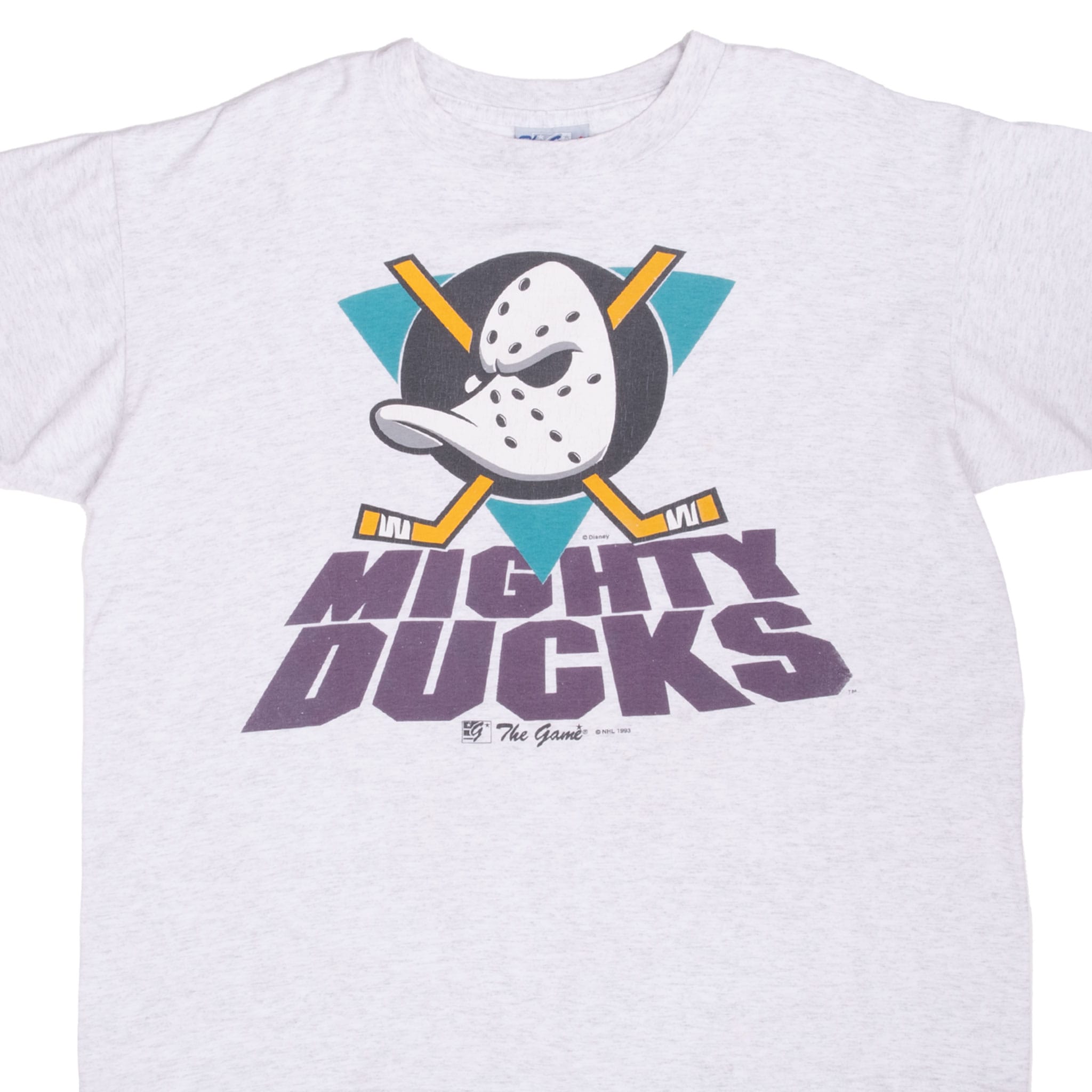 Front graphic detail of Anaheim Mighty Ducks T-shirt with goalie mask logo and purple lettering