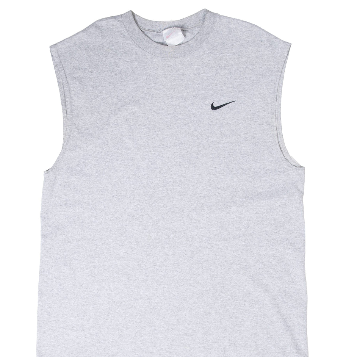 Front upper view of grey Nike tank top with black embroidered Swoosh at left chest
