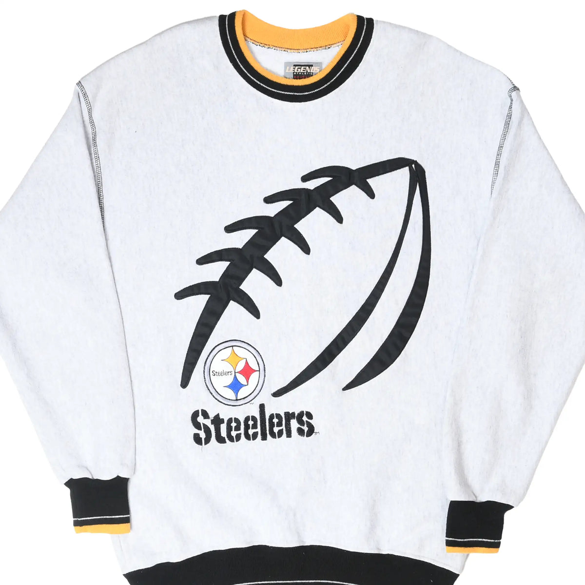 Front of gray Pittsburgh Steelers sweatshirt with oversized black football graphic
