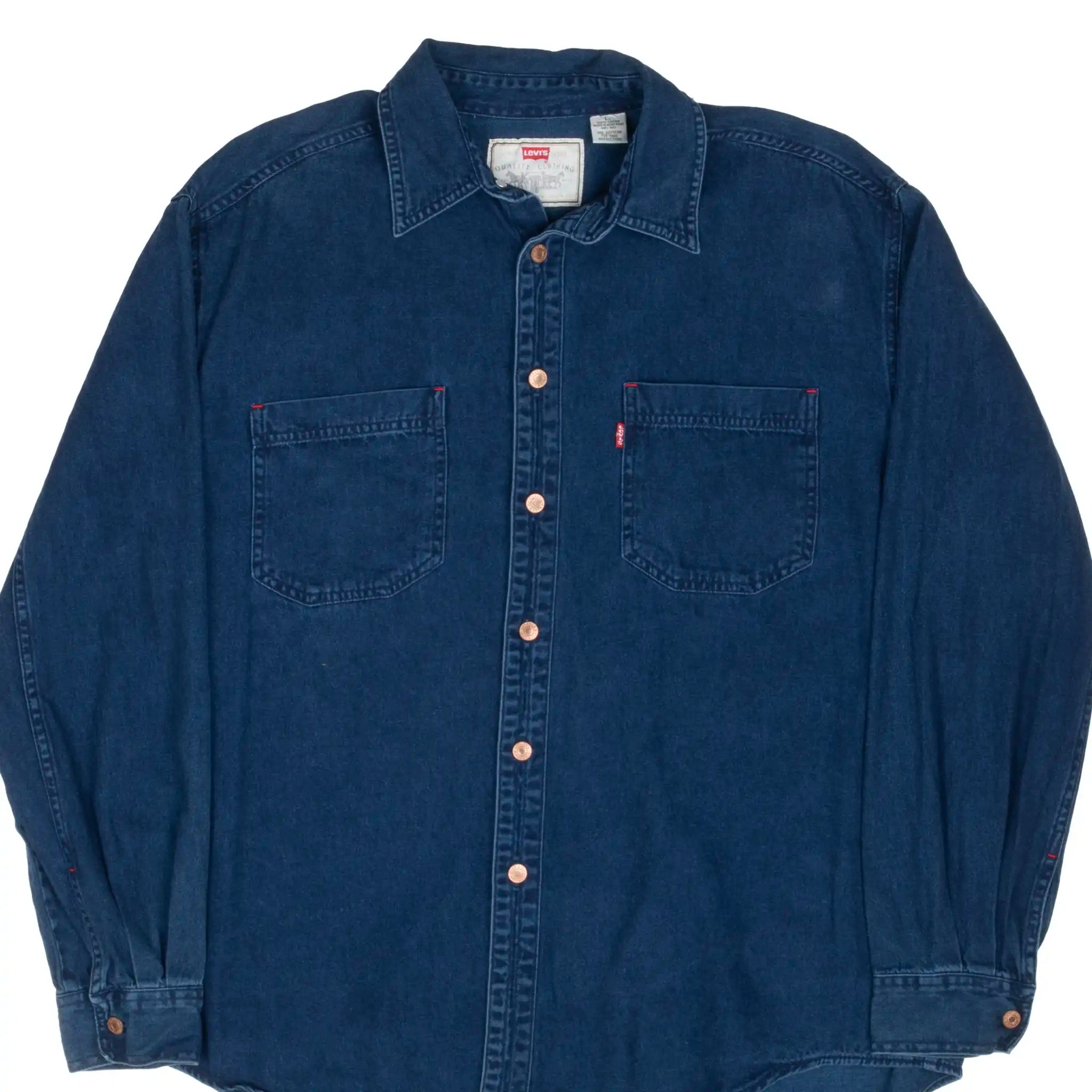 Front of Levi's blue denim button-up shirt with two chest pockets