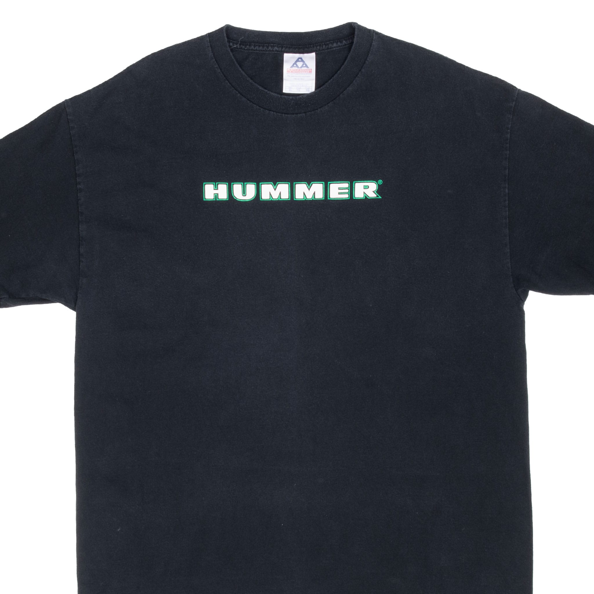 Front upper view of black Hummer T-shirt with white and green chest logo