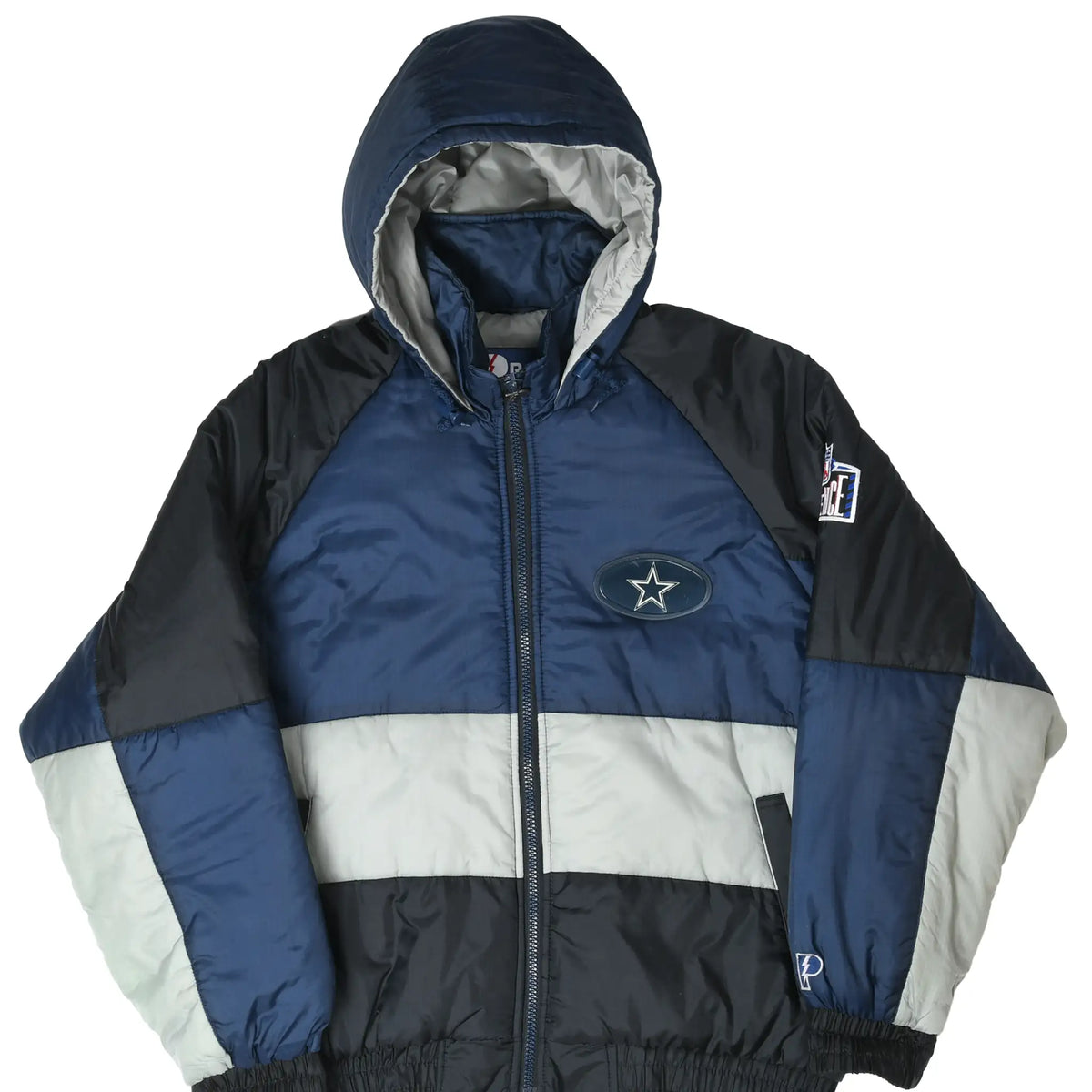 Front of Pro Player Dallas Cowboys hooded jacket in navy, black and gray with star chest patch