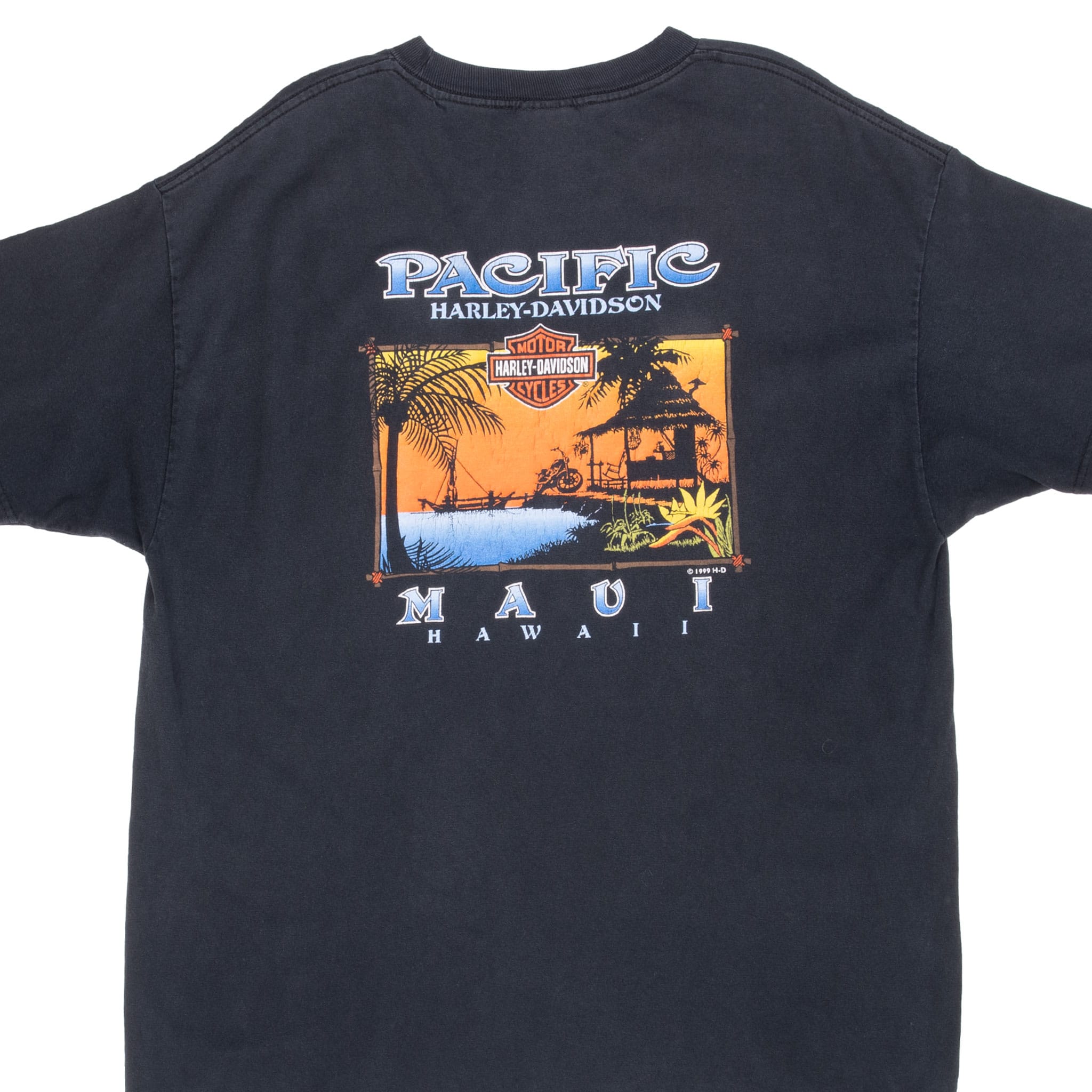 Back graphic on black Harley-Davidson Maui T-shirt with tropical waterfront and motorcycle