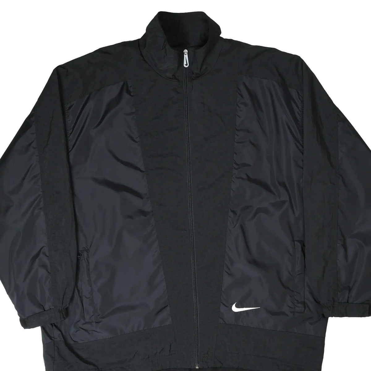 Front of black Nike full-zip windbreaker jacket with white Swoosh embroidery
