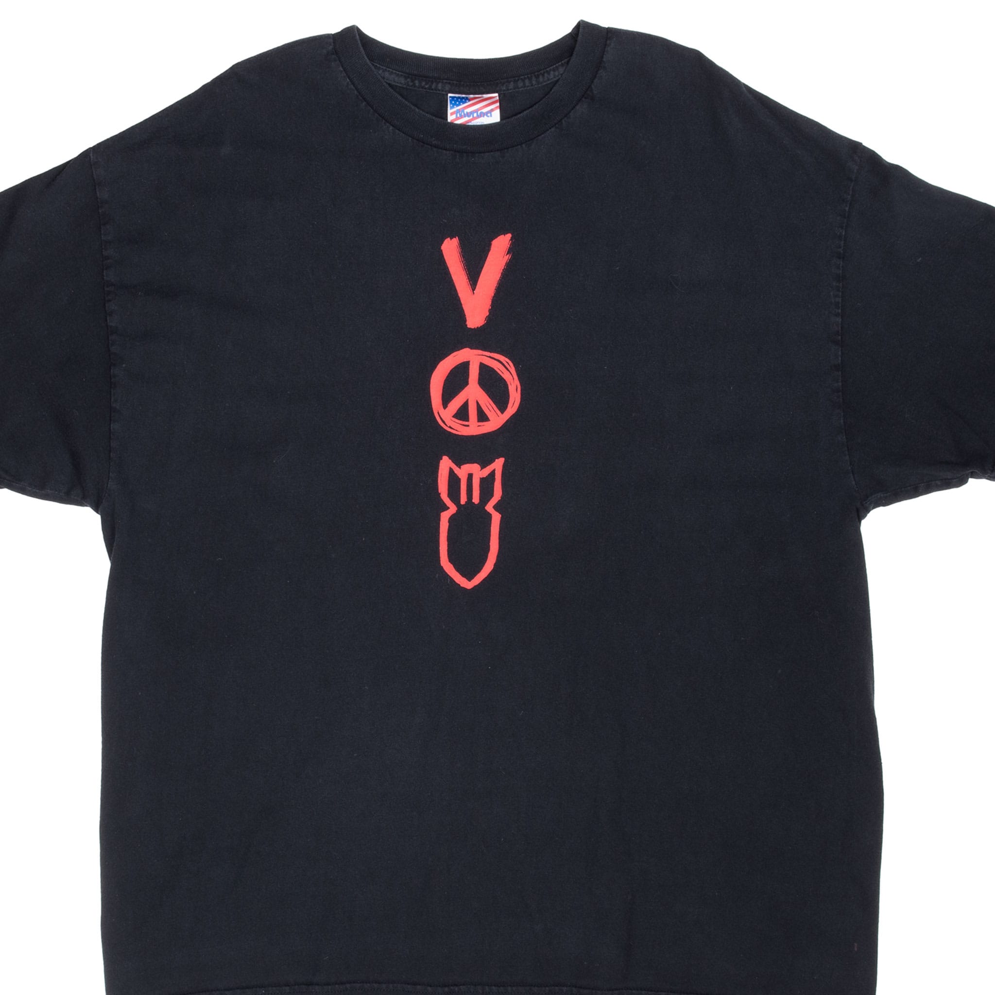 Front of black U2 Vertigo Tour T-shirt with vertical red V, peace symbol and bomb graphic