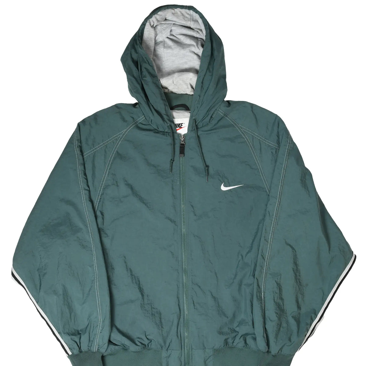 Front of green Nike hooded windbreaker with white Swoosh embroidery and contrast stitching