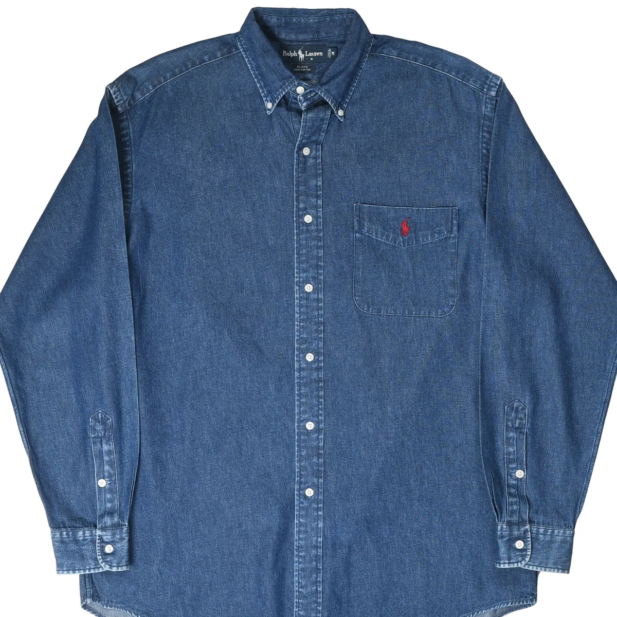 Front of dark blue Polo Ralph Lauren denim button-down shirt with chest pocket and red pony embroidery