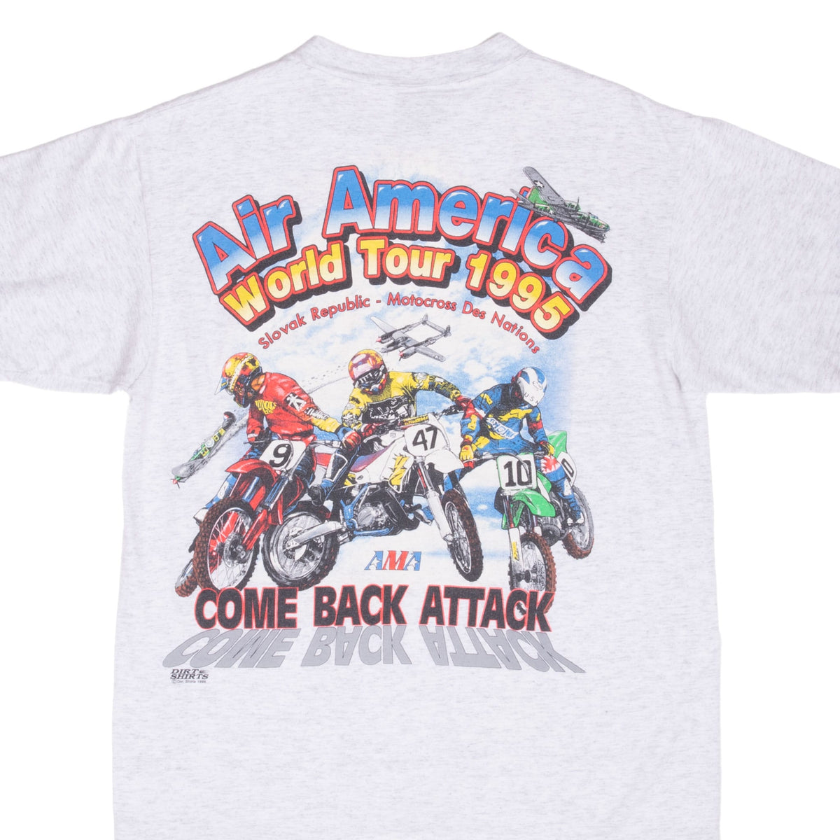 Back graphic of gray Air America World Tour 1995 T-shirt with three motocross riders and airplanes