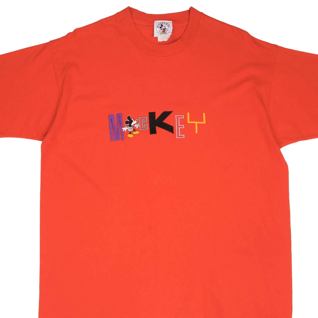 Vintage Disney Mickey Mouse Embroidered Tee Shirt 1990S Size XL With Single Stitch Sleeves. Made In USA.