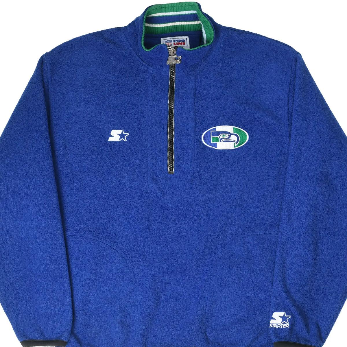 Front of blue Seattle Seahawks Starter quarter-zip fleece jacket with embroidered chest logos