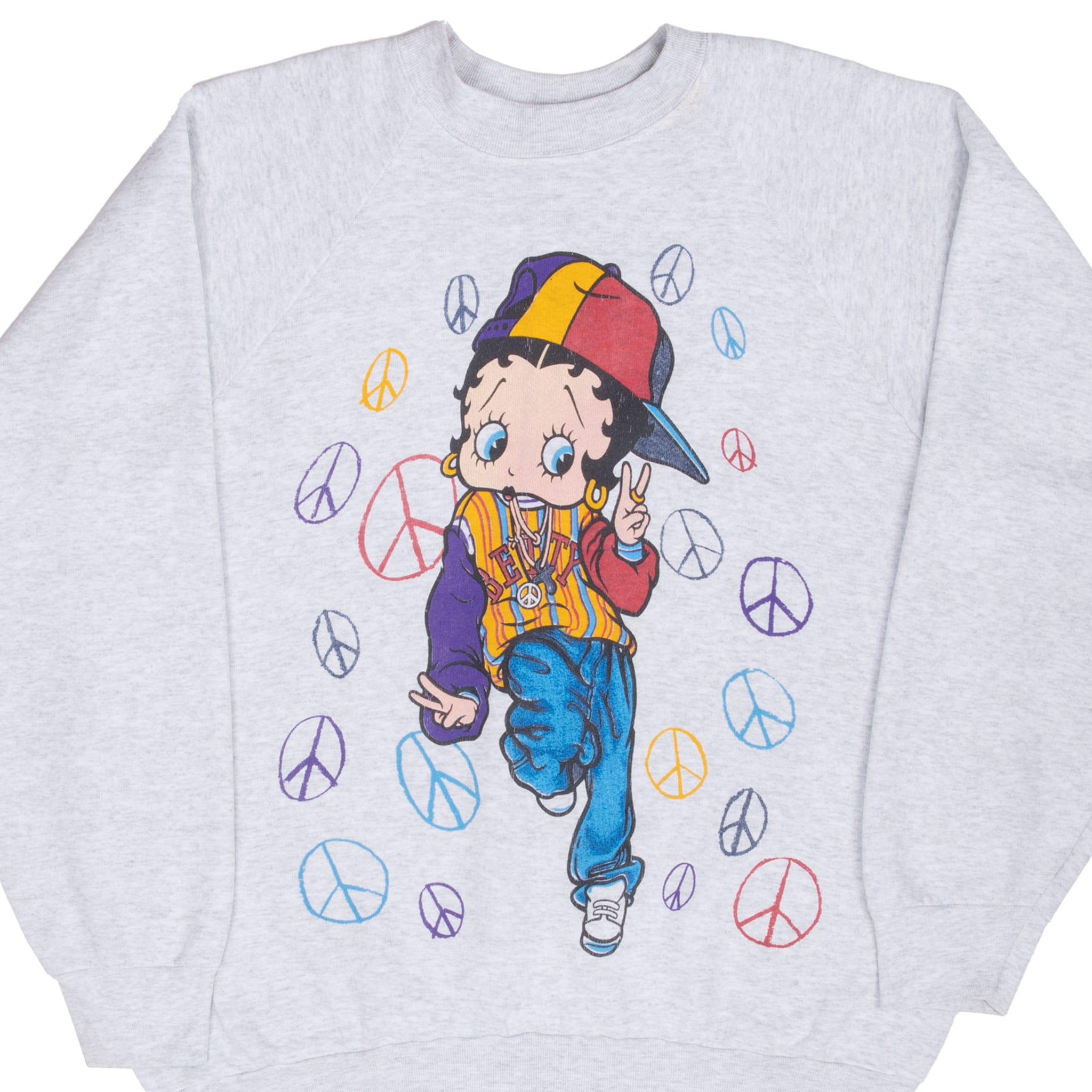 Front of light gray Betty Boop sweatshirt with colorful streetwear and peace sign graphic