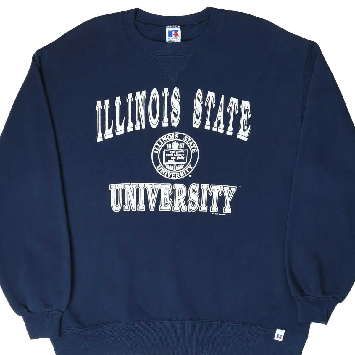 Front of navy Illinois State University crewneck sweatshirt with white lettering and seal