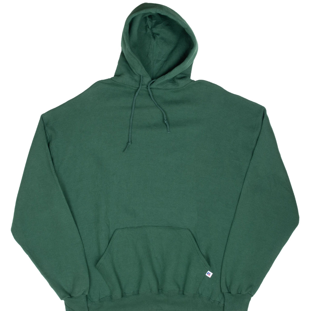 Front of green Russell Athletic blank pullover hoodie with drawstrings and kangaroo pocket