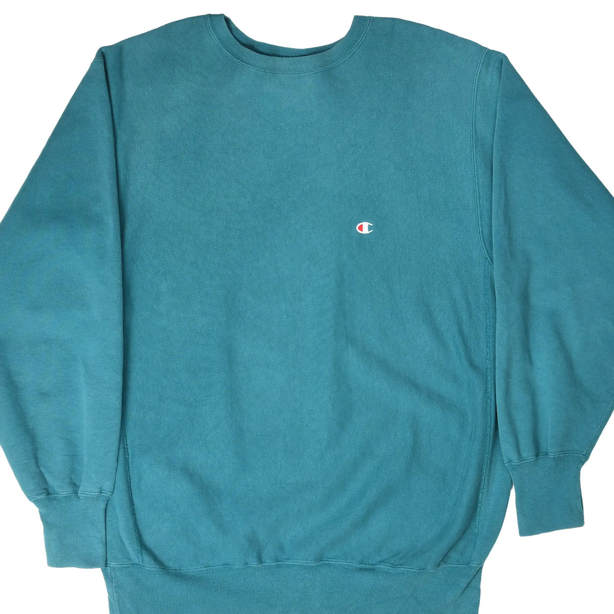 Front of teal Champion Reverse Weave crewneck sweatshirt with small embroidered chest logo