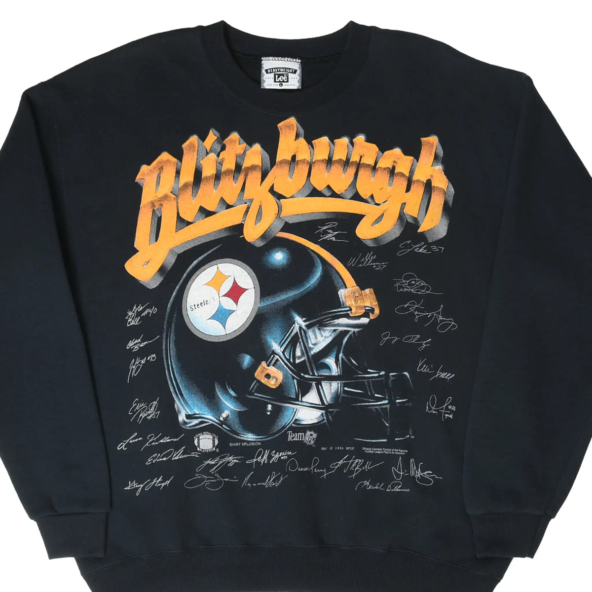 Front of black Pittsburgh Steelers sweatshirt with Blitzburgh helmet and player signatures graphic