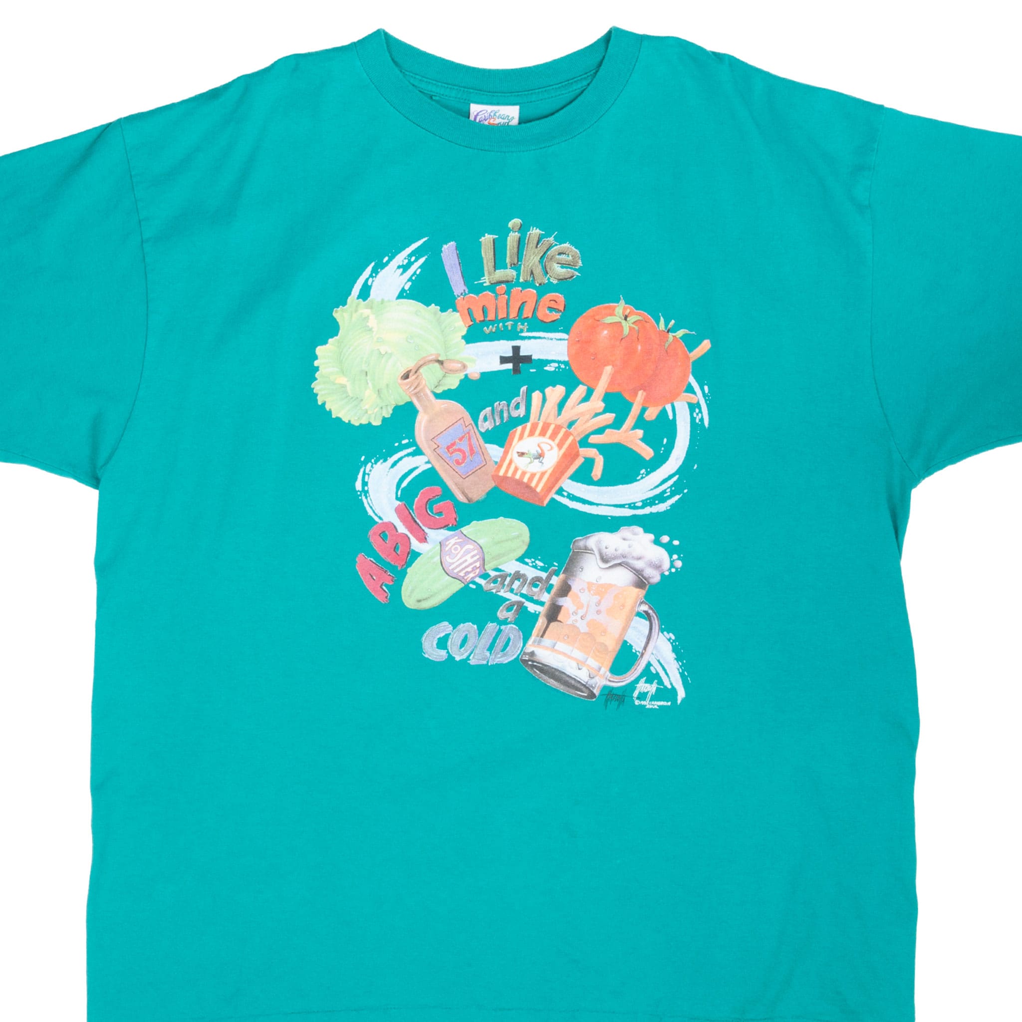 Front of teal Jimmy Buffett T-shirt with illustrated Cheeseburger in Paradise lyric graphic