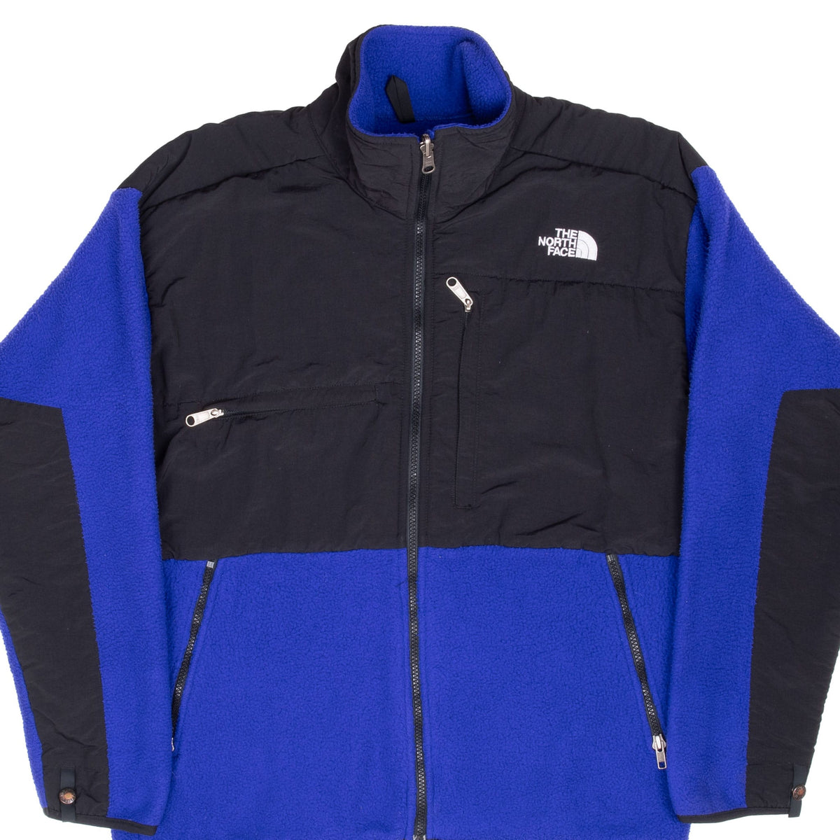 Front of The North Face Denali fleece jacket in royal blue with black contrast panels