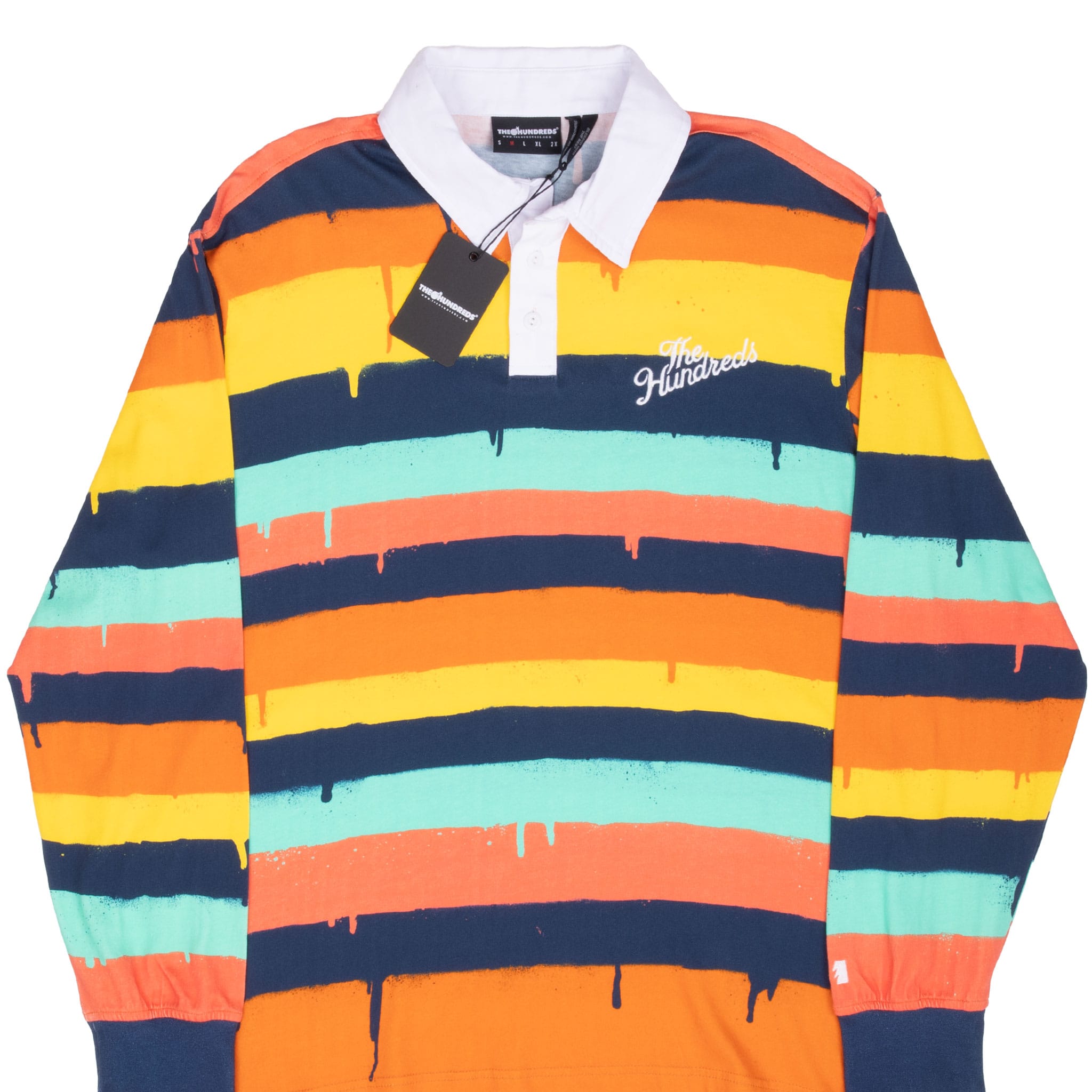 Front of The Hundreds long-sleeve polo with multicolor paint-drip stripes and attached hangtag