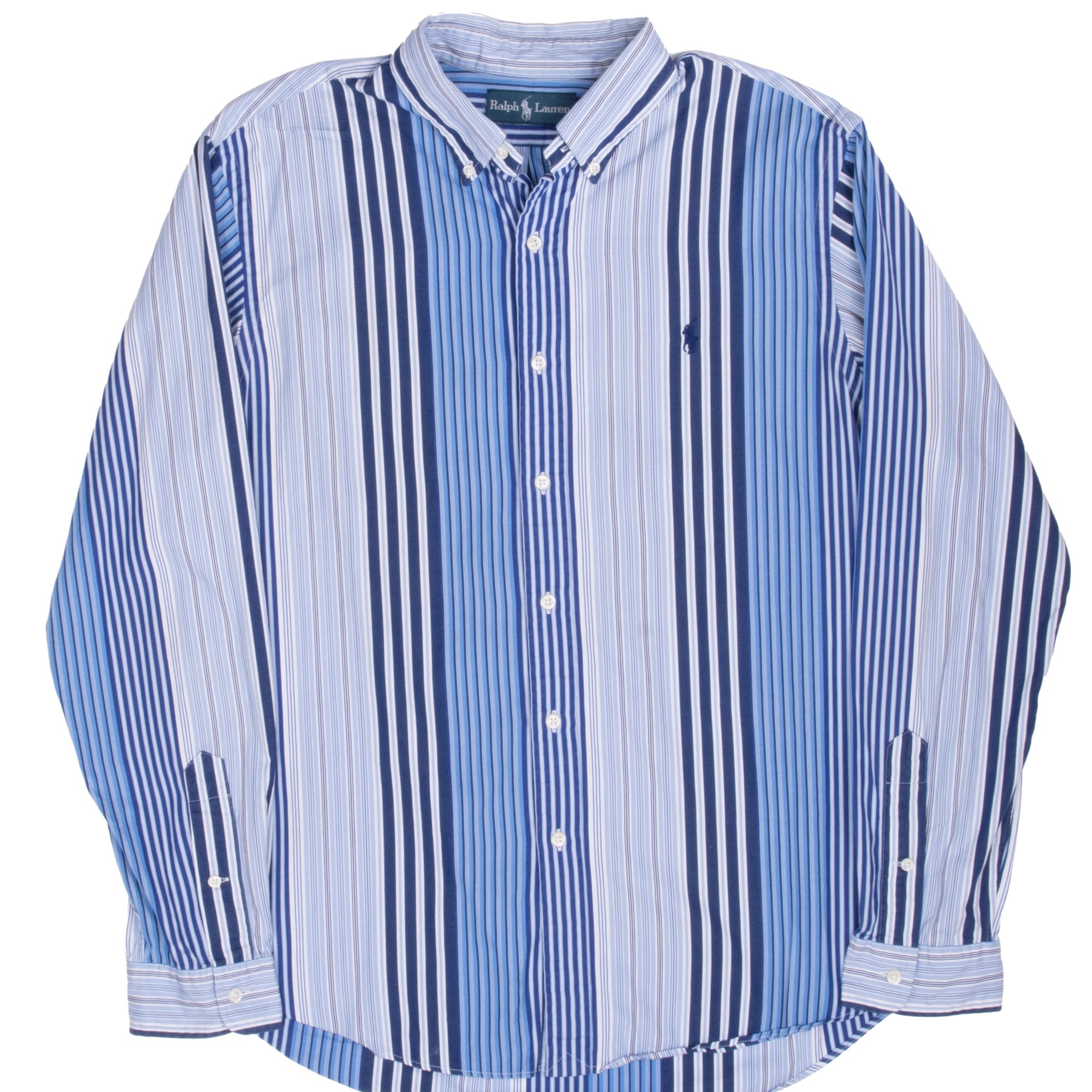Front of Polo Ralph Lauren long-sleeve shirt with varied blue and white vertical stripes