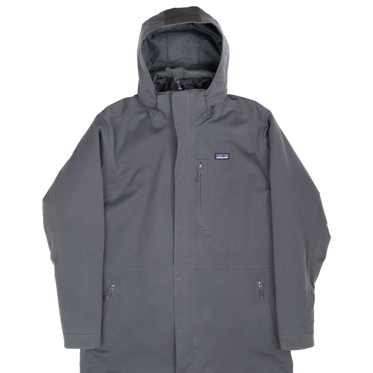 Front of grey Patagonia Tres 3-in-1 parka with hood, covered closure and zippered pockets