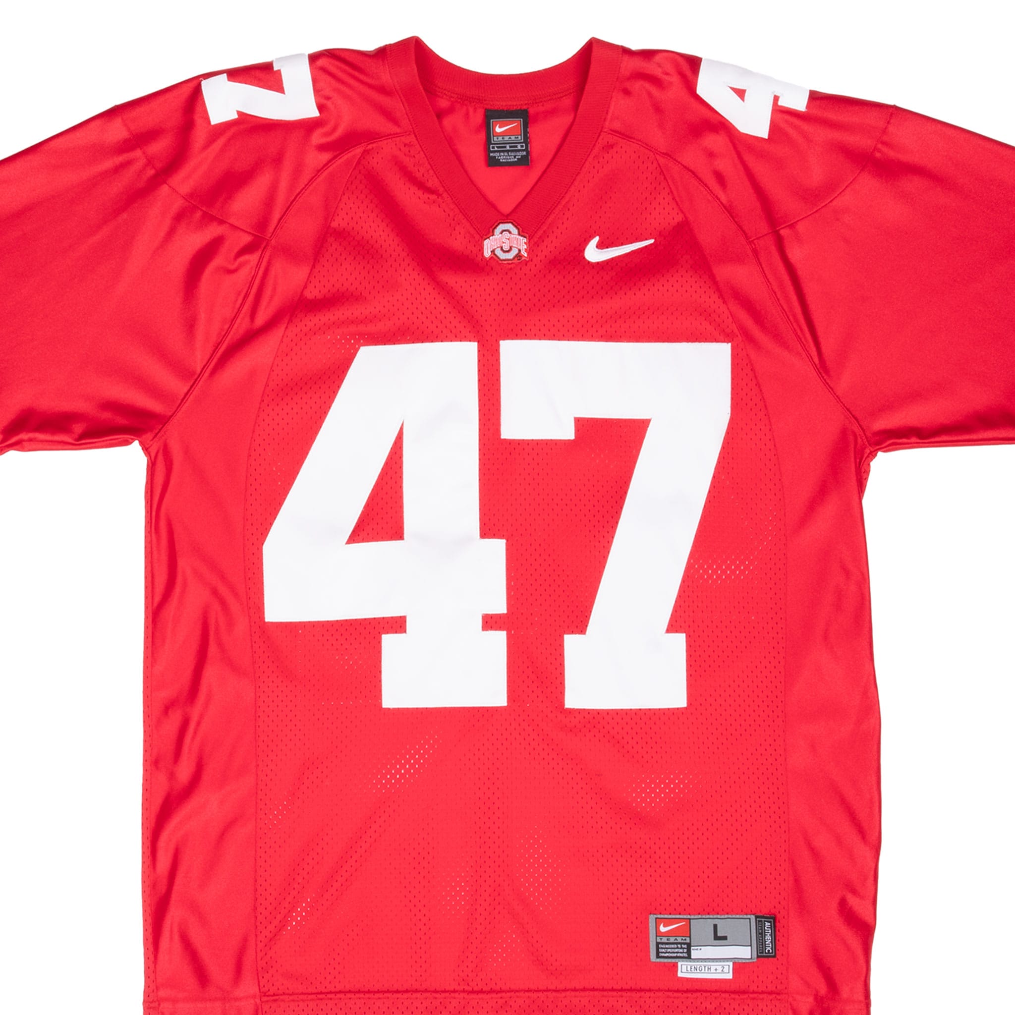 Front close-up of red Nike Ohio State Buckeyes #47 football jersey with chest logos and mesh body