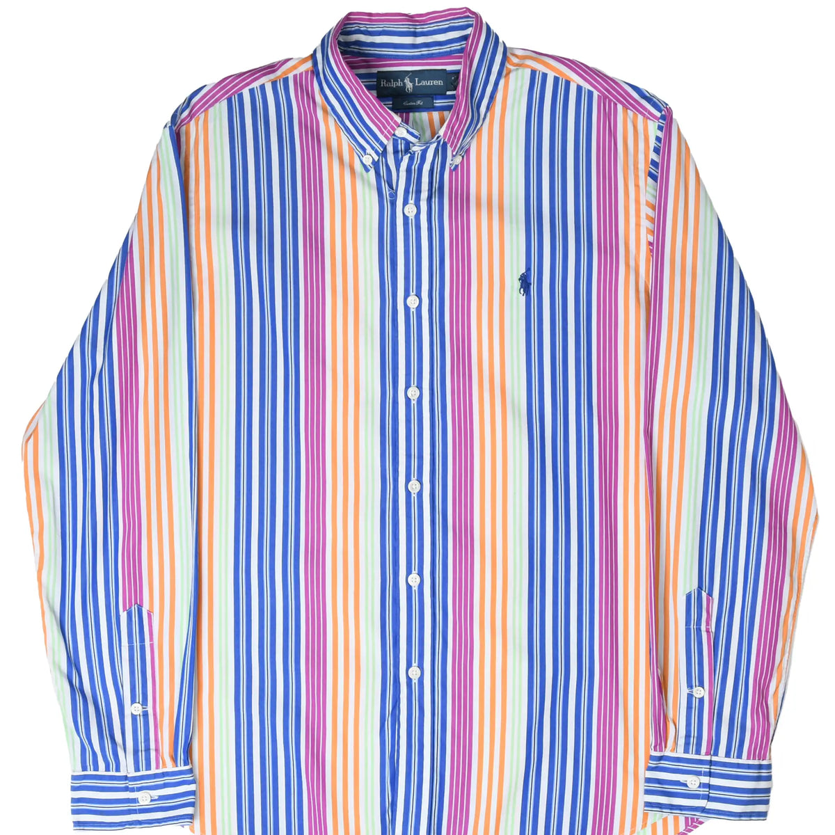 Front of Ralph Lauren button-down shirt with blue, purple, orange and green vertical stripes