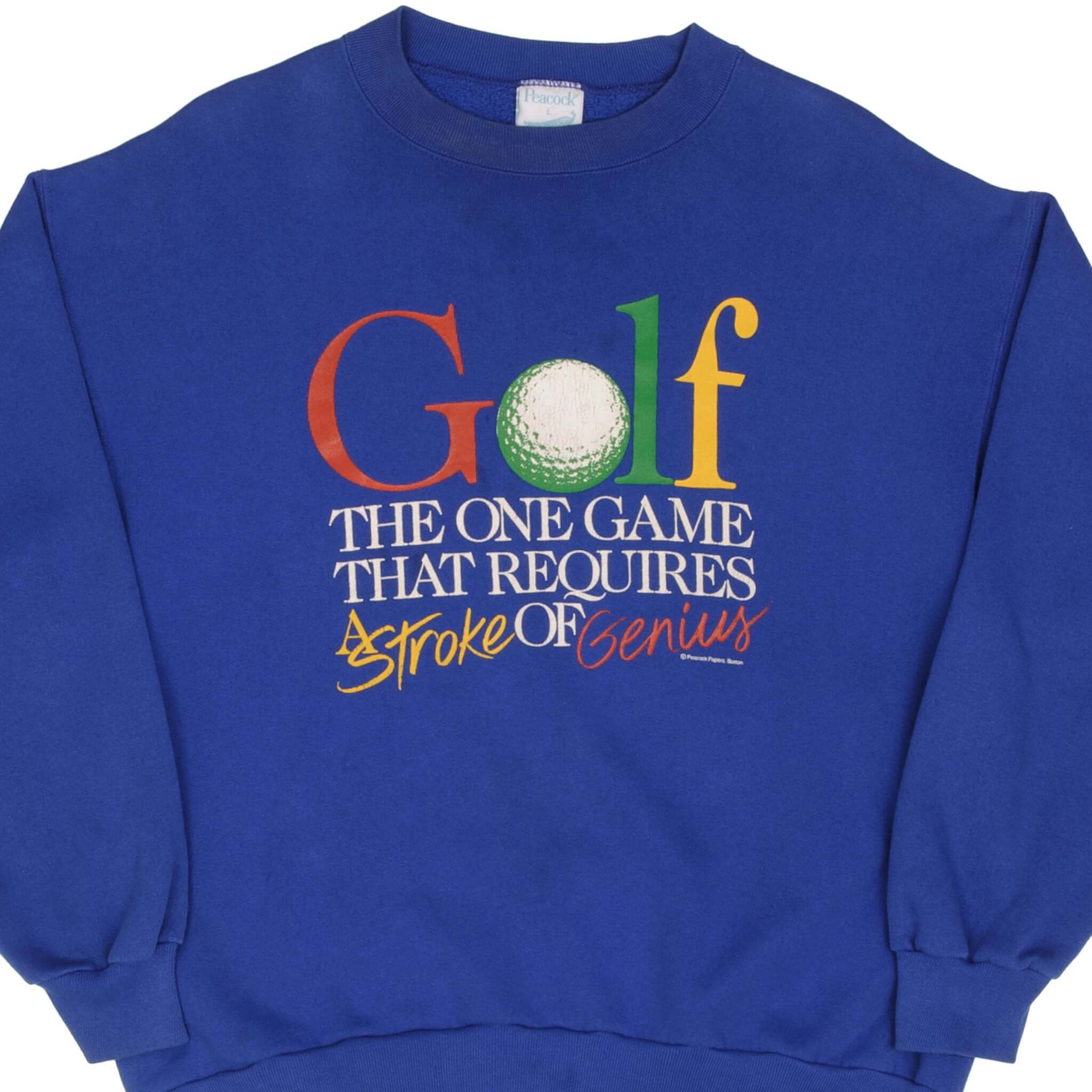 Front of blue crewneck sweatshirt with multicolor Golf Stroke of Genius graphic
