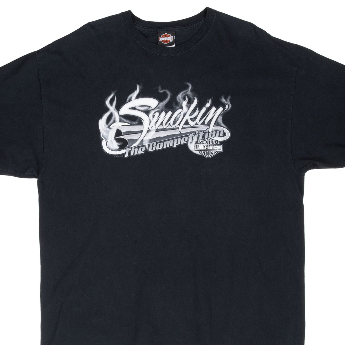 Front of black Harley-Davidson tee with Smokin' the Competition flame graphic