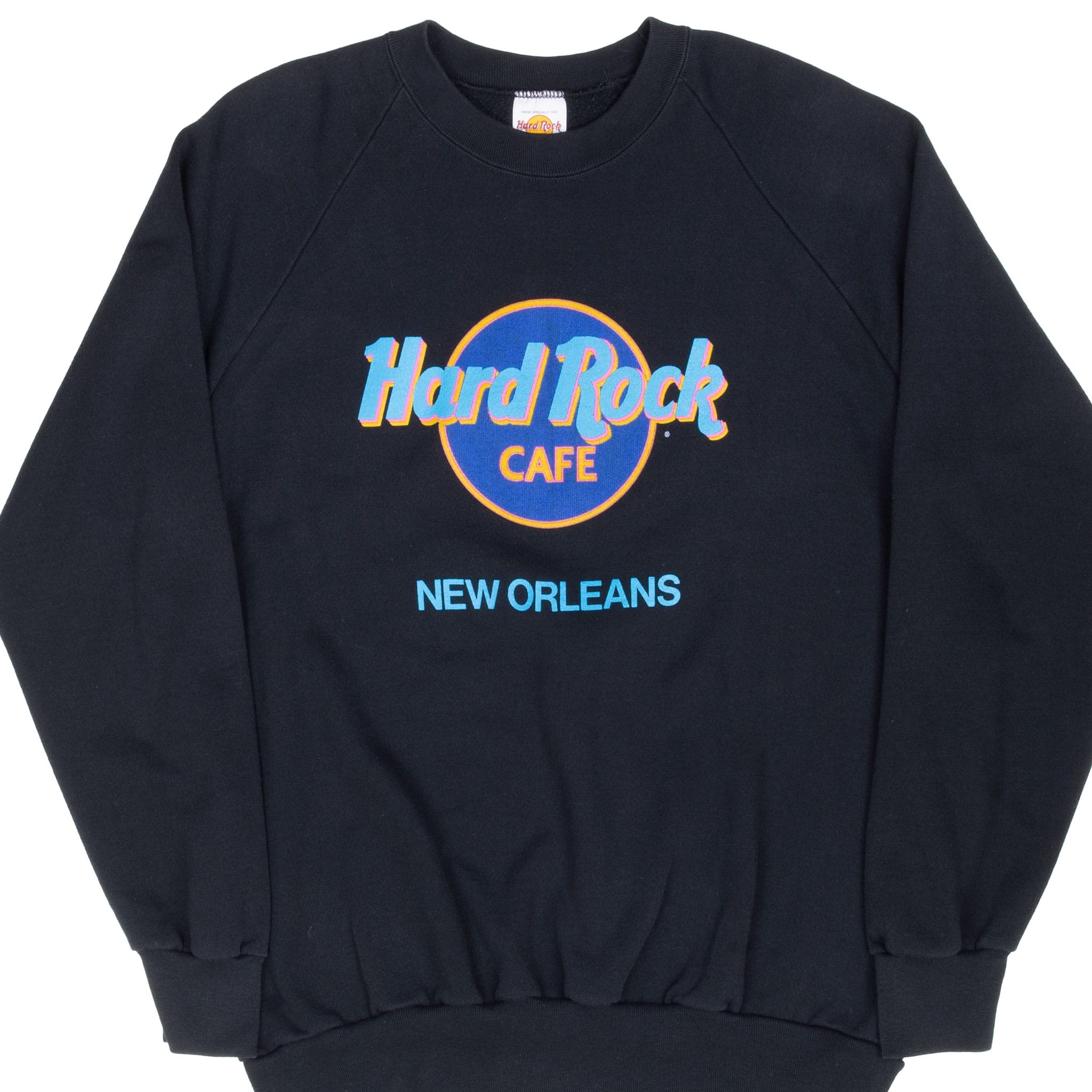 Front of black Hard Rock Cafe New Orleans crewneck sweatshirt with colorful logo