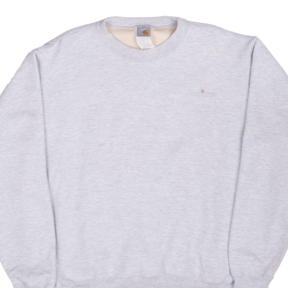Front upper view of grey Carhartt crewneck sweatshirt with tonal embroidered chest logo