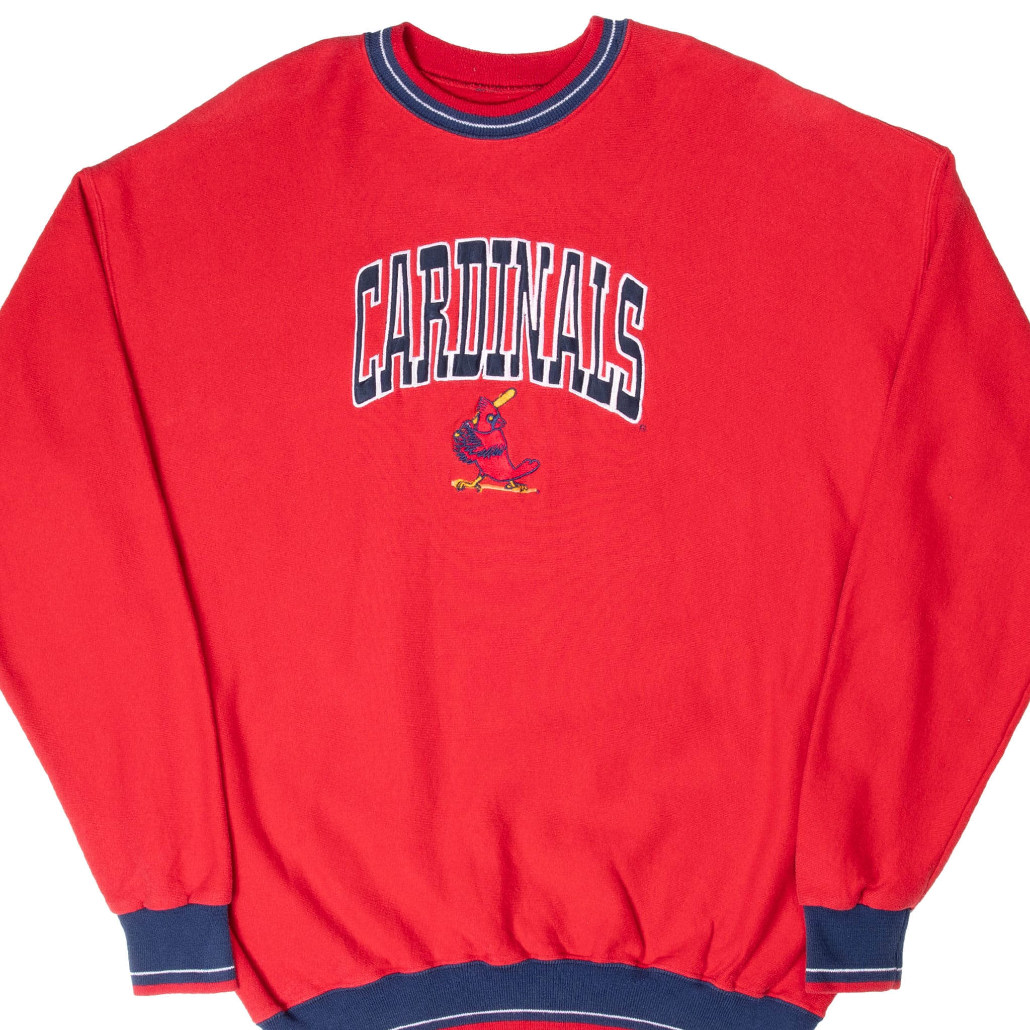 Front of red St. Louis Cardinals crewneck sweatshirt with striped navy trim