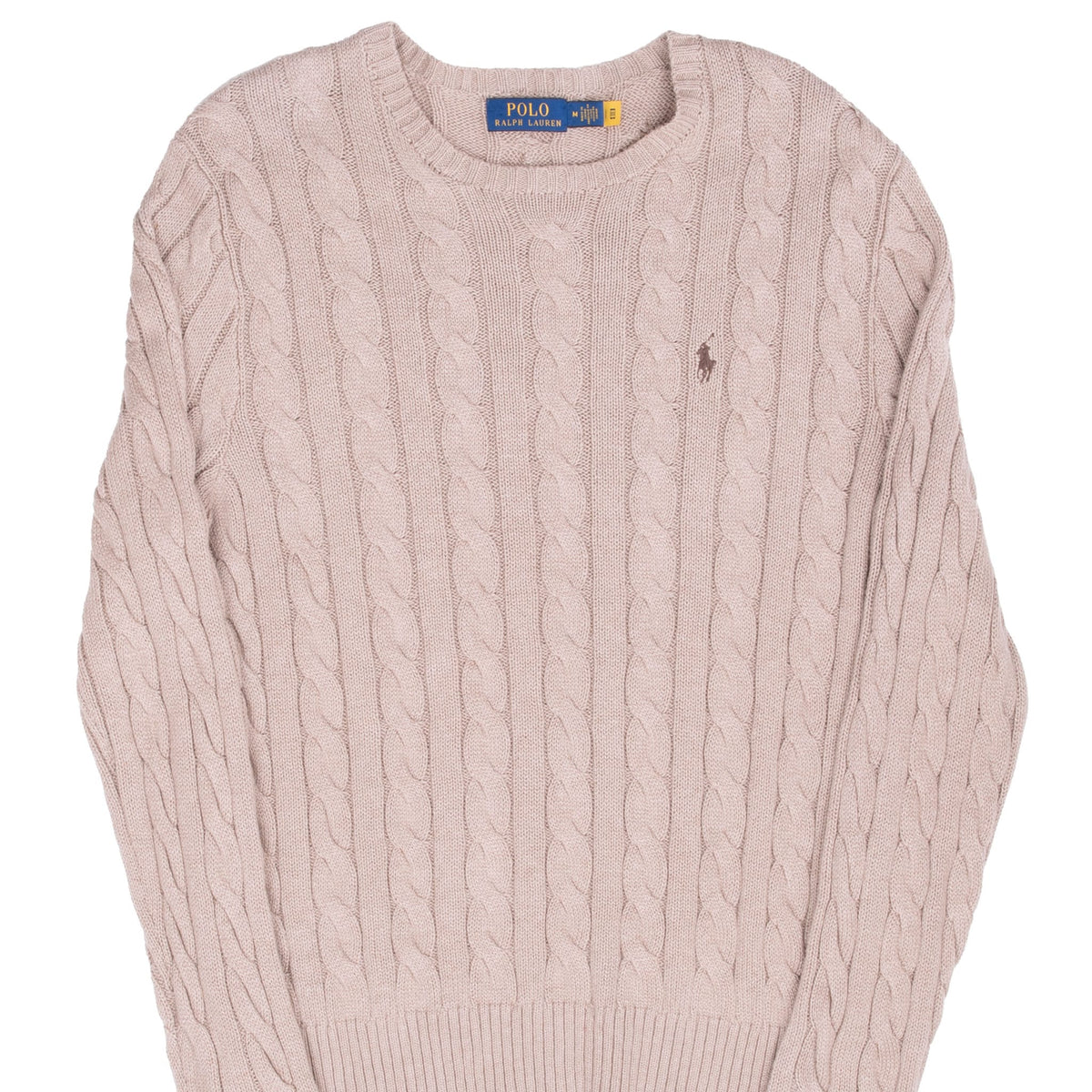 Front of beige Polo Ralph Lauren cable-knit crewneck sweater with brown pony embroidery