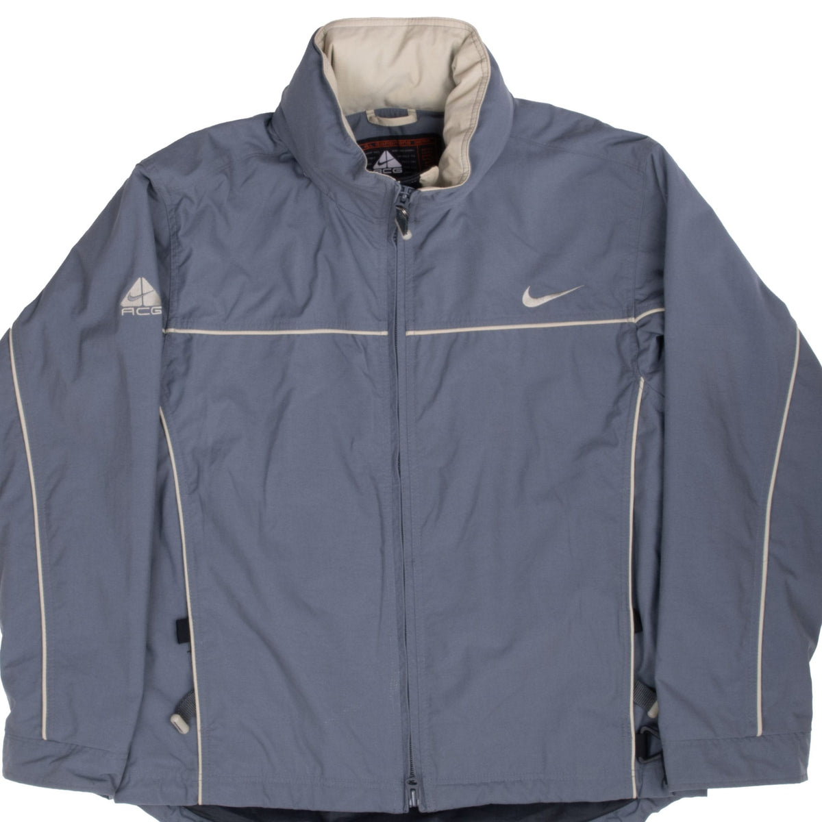 Front of grey Nike ACG full-zip windbreaker with high collar, contrast piping and embroidered logos