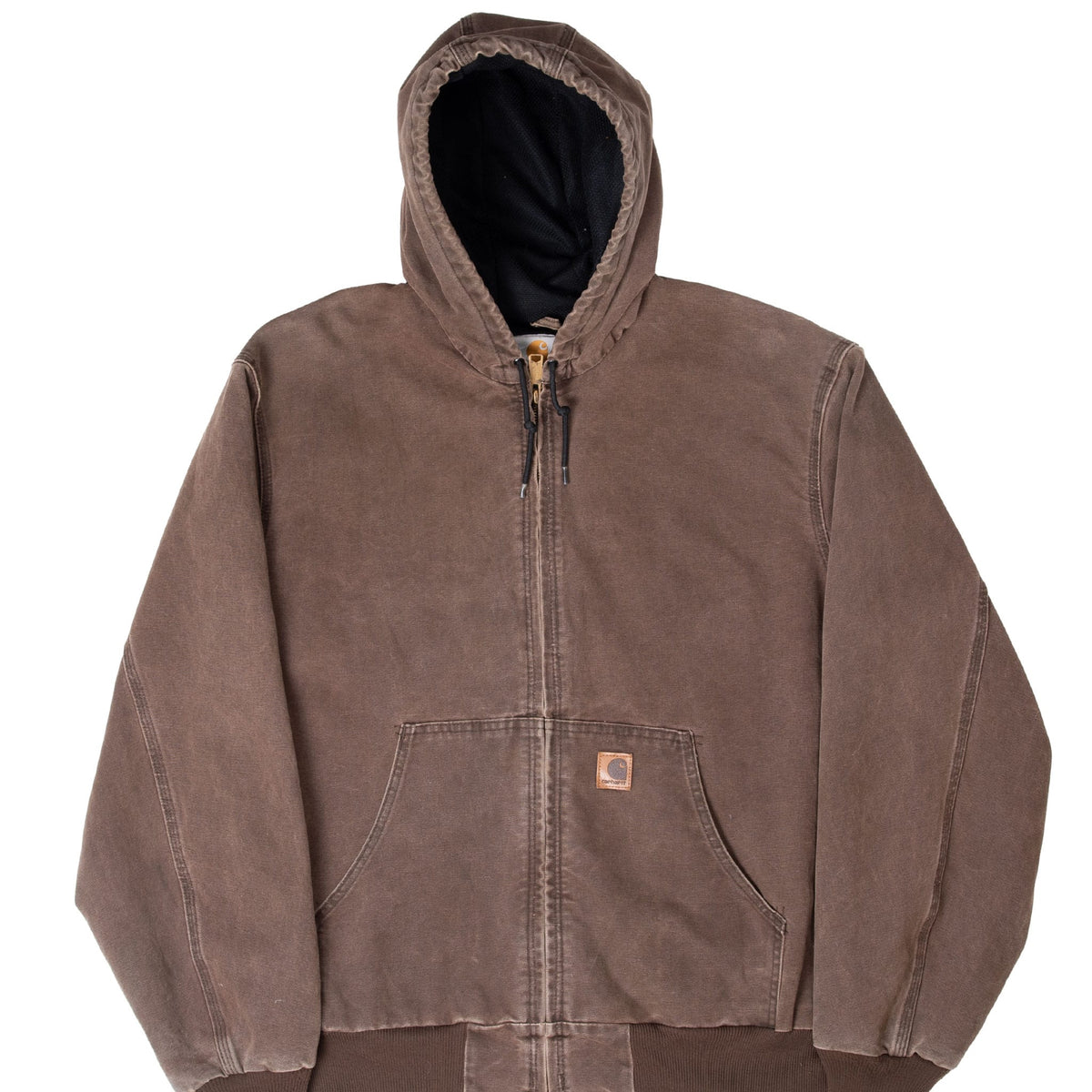 Front of dark brown Carhartt Active hooded jacket with full zip, hand pockets and logo patch