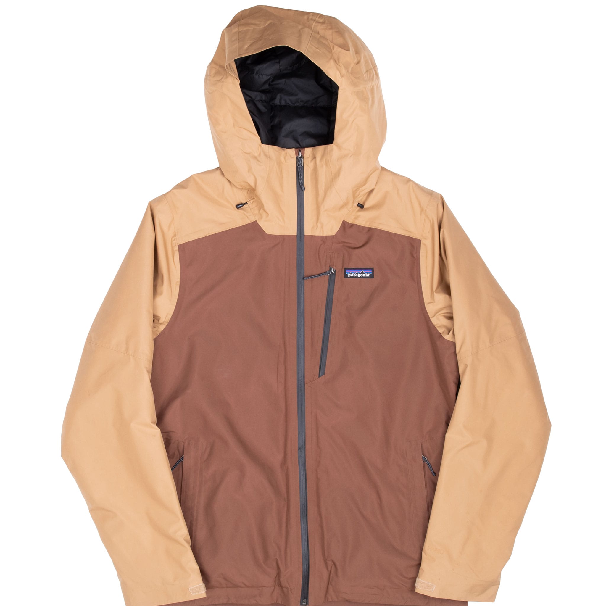 Front of Patagonia Powder Town hooded jacket in tan and brown color blocking