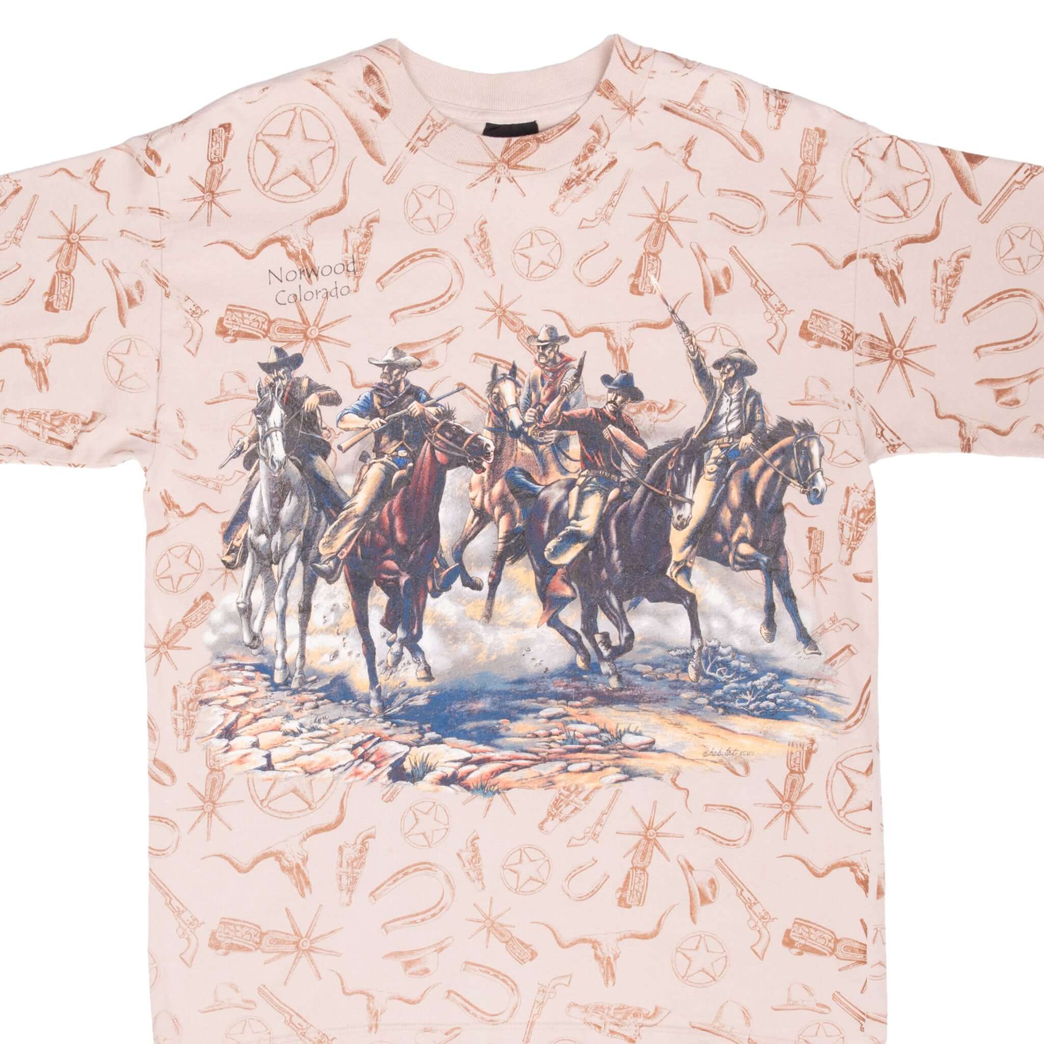 Vintage All Over Print Cowboy Norwood Colorado 1997 Tee Shirt Size Large Made In Usa