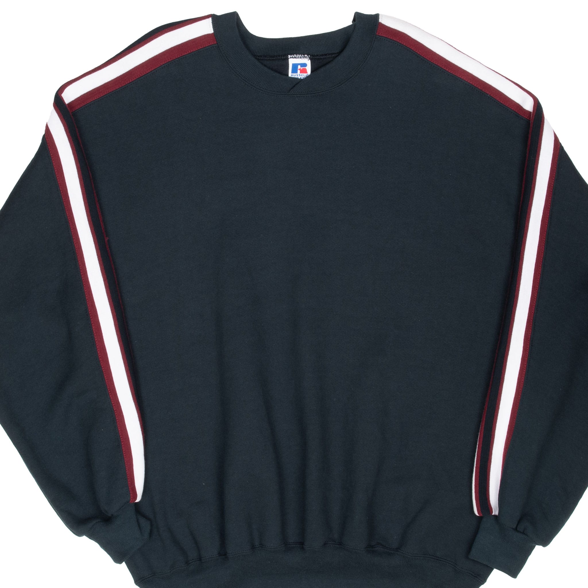 Front detail of black Russell Athletic crewneck with white and burgundy shoulder and sleeve stripes