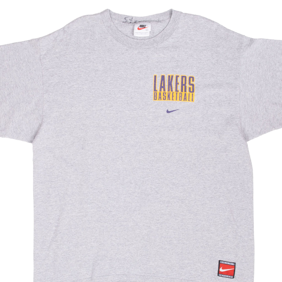 Front of grey Nike Los Angeles Lakers T-shirt with chest graphic and Nike patch