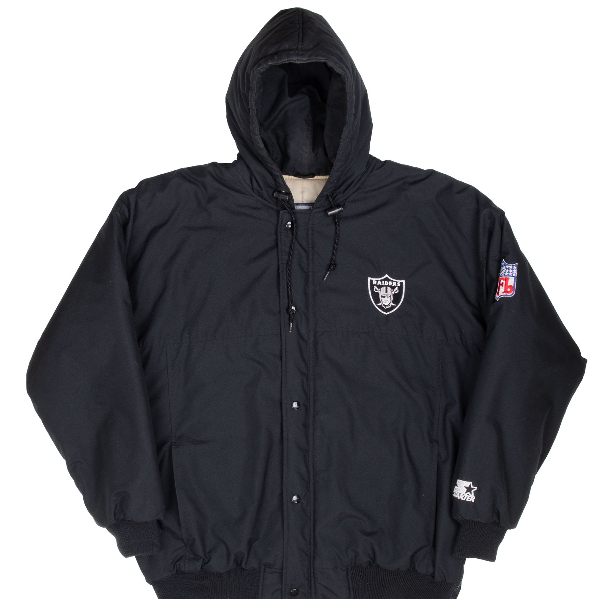 Front of black Los Angeles Raiders Starter hooded jacket with chest and sleeve logos
