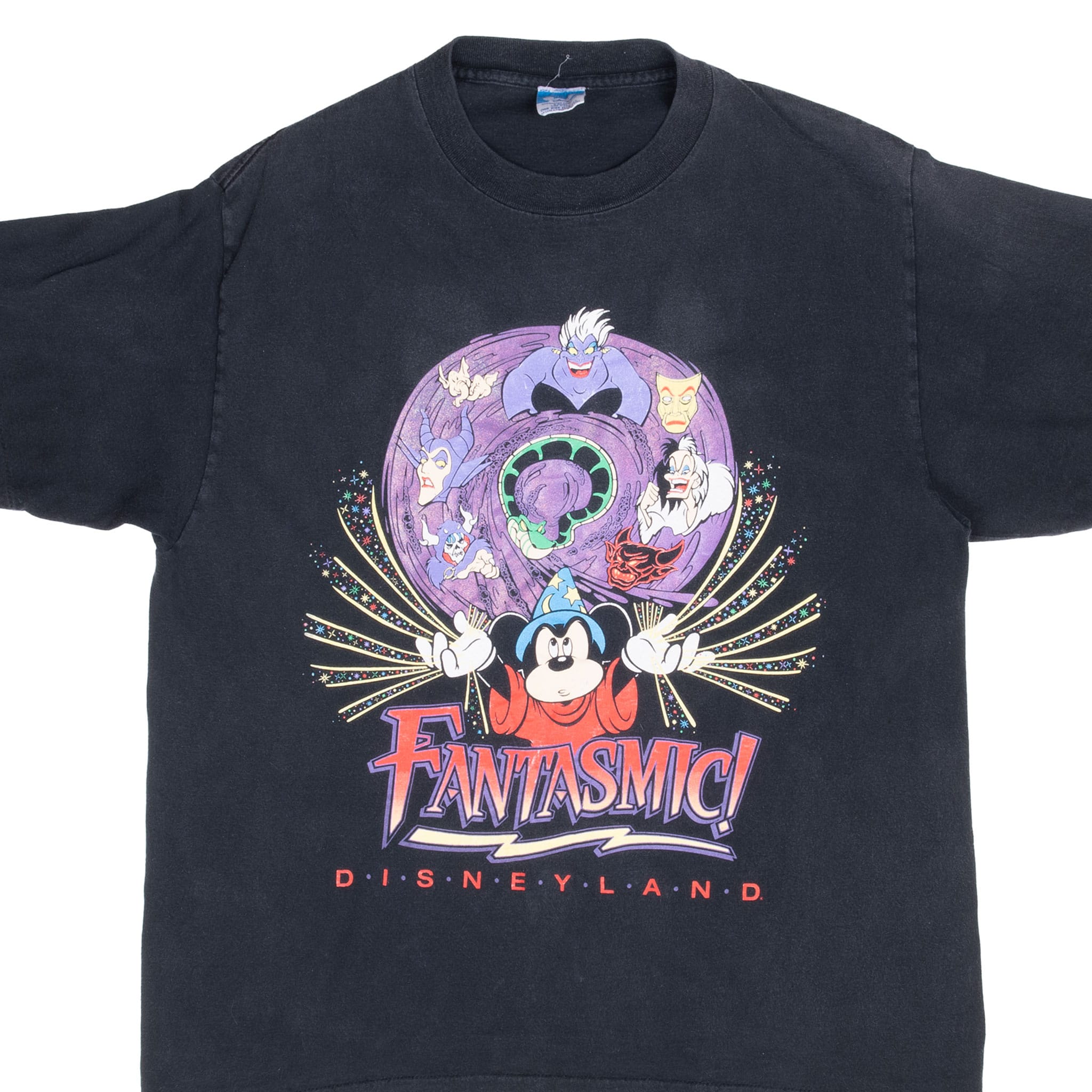 Front detail of black Disney Fantasmic! T-shirt with Sorcerer Mickey, villains and Disneyland graphic
