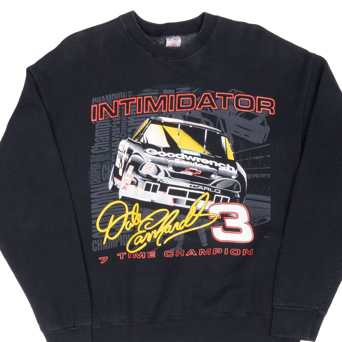 Front of black Dale Earnhardt sweatshirt with No. 3 car, signature and Intimidator graphic