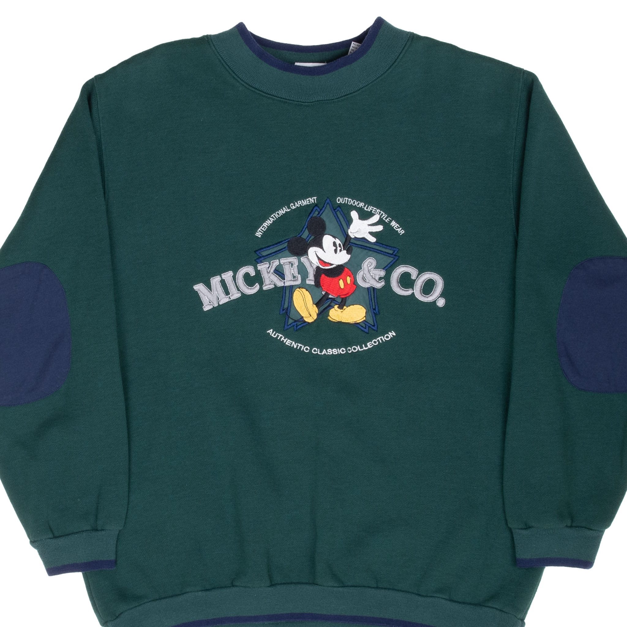 Front of pine green Disney Mickey & Co. sweatshirt with embroidery and navy elbow patches