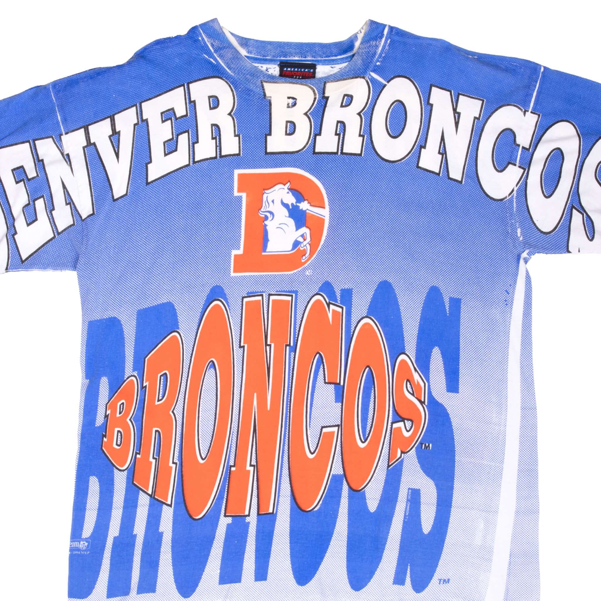 Vintage Nfl Denver Broncos All Over Print 1994 Magic Johnson T's Tee Shirt Size XL With Single Stitch Sleeves