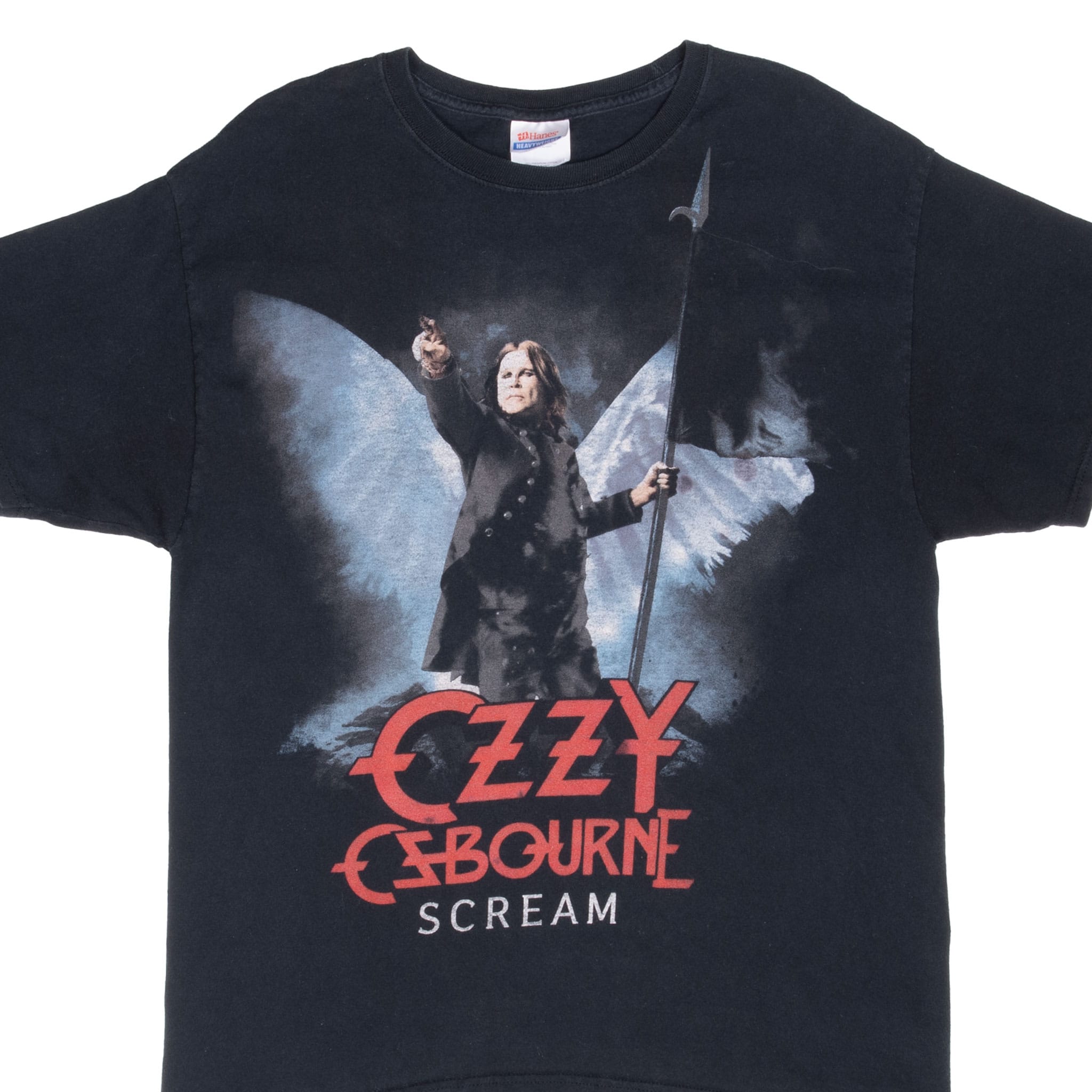 Front of black Ozzy Osbourne Scream tour T-shirt with winged flag graphic and red lettering