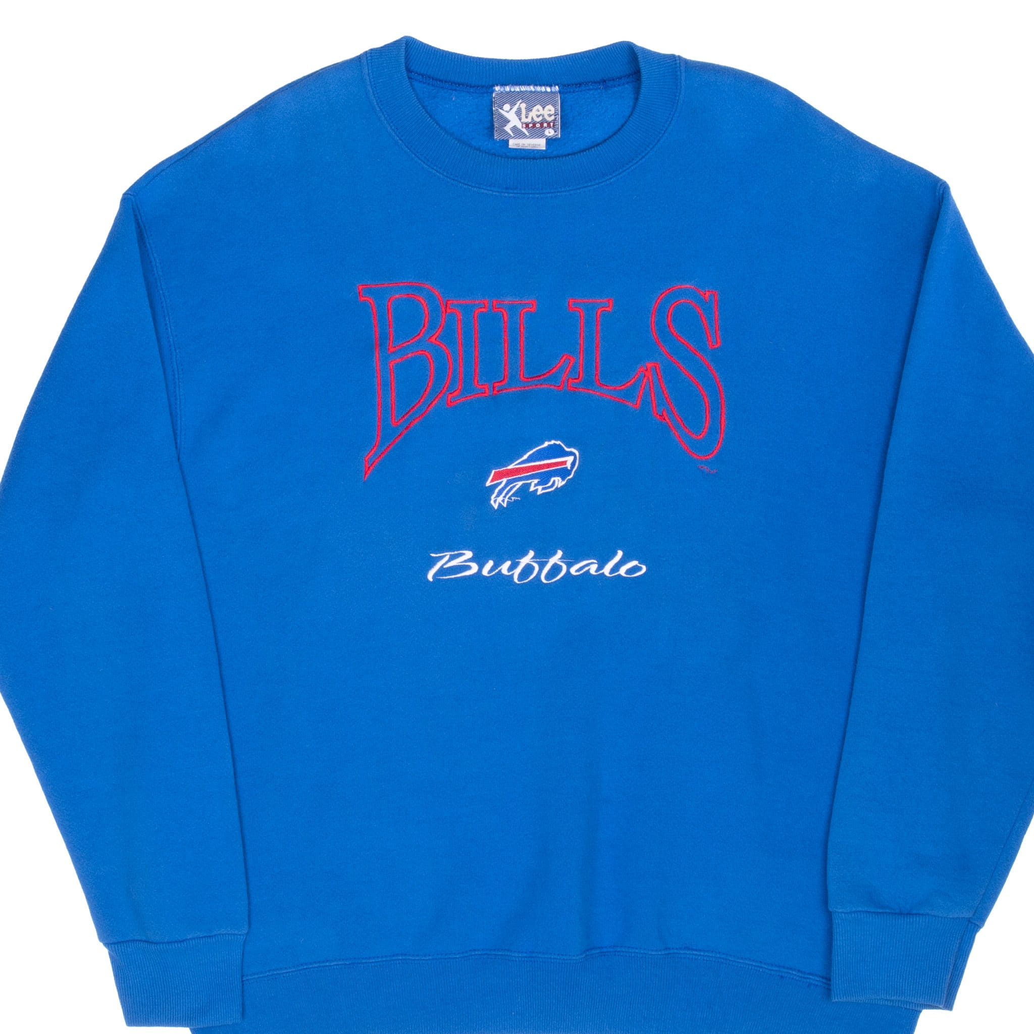 Front of blue Buffalo Bills crewneck with embroidered team lettering and charging buffalo logo